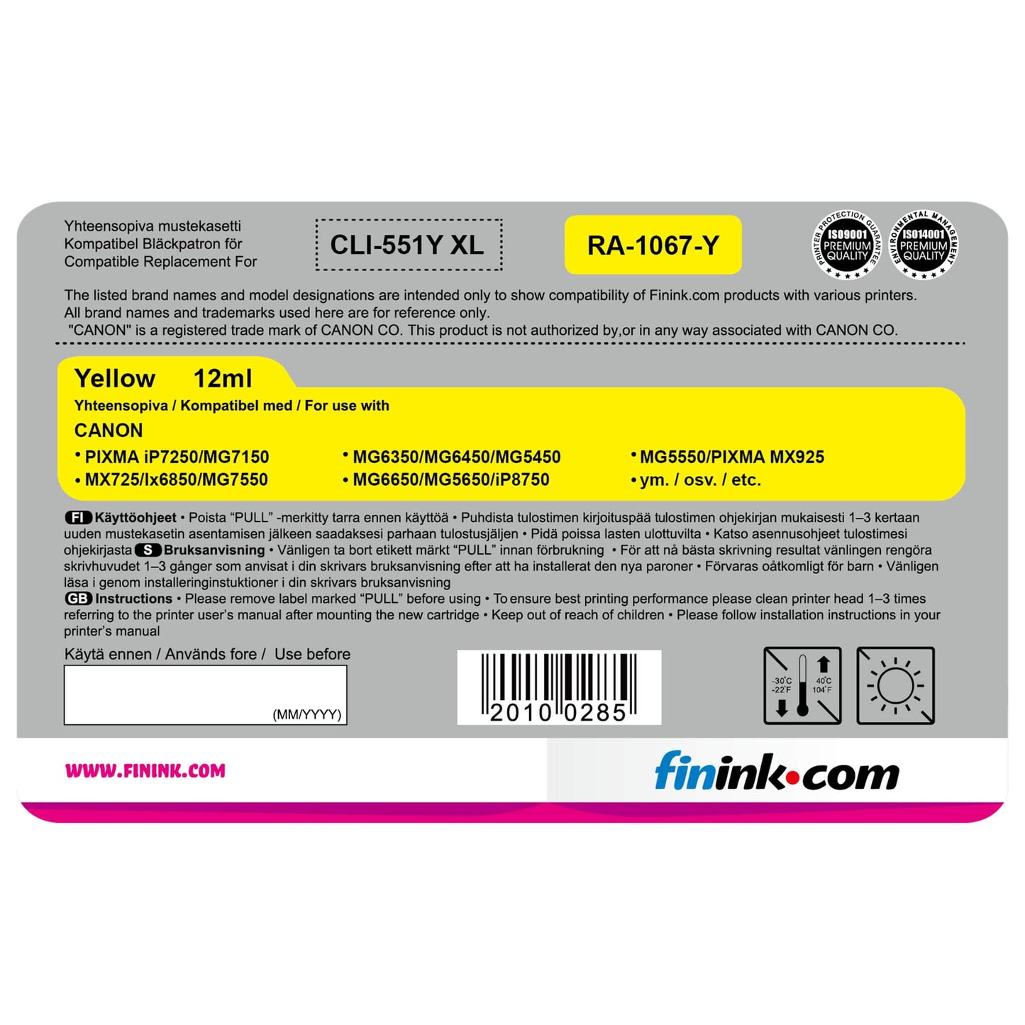 Keltainen mustepatruuna, korvaa Canon CLI-551Y XL | Finink.com