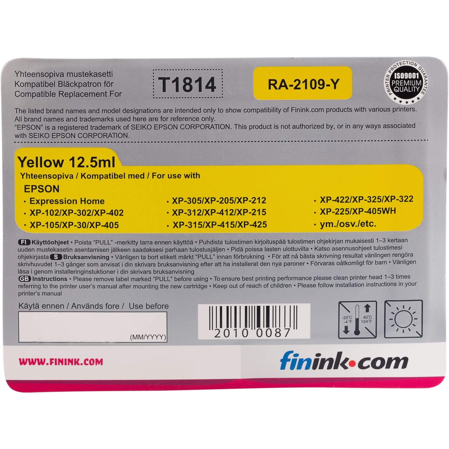 Keltainen mustepatruuna, korvaa Epson T1814 | Finink.com