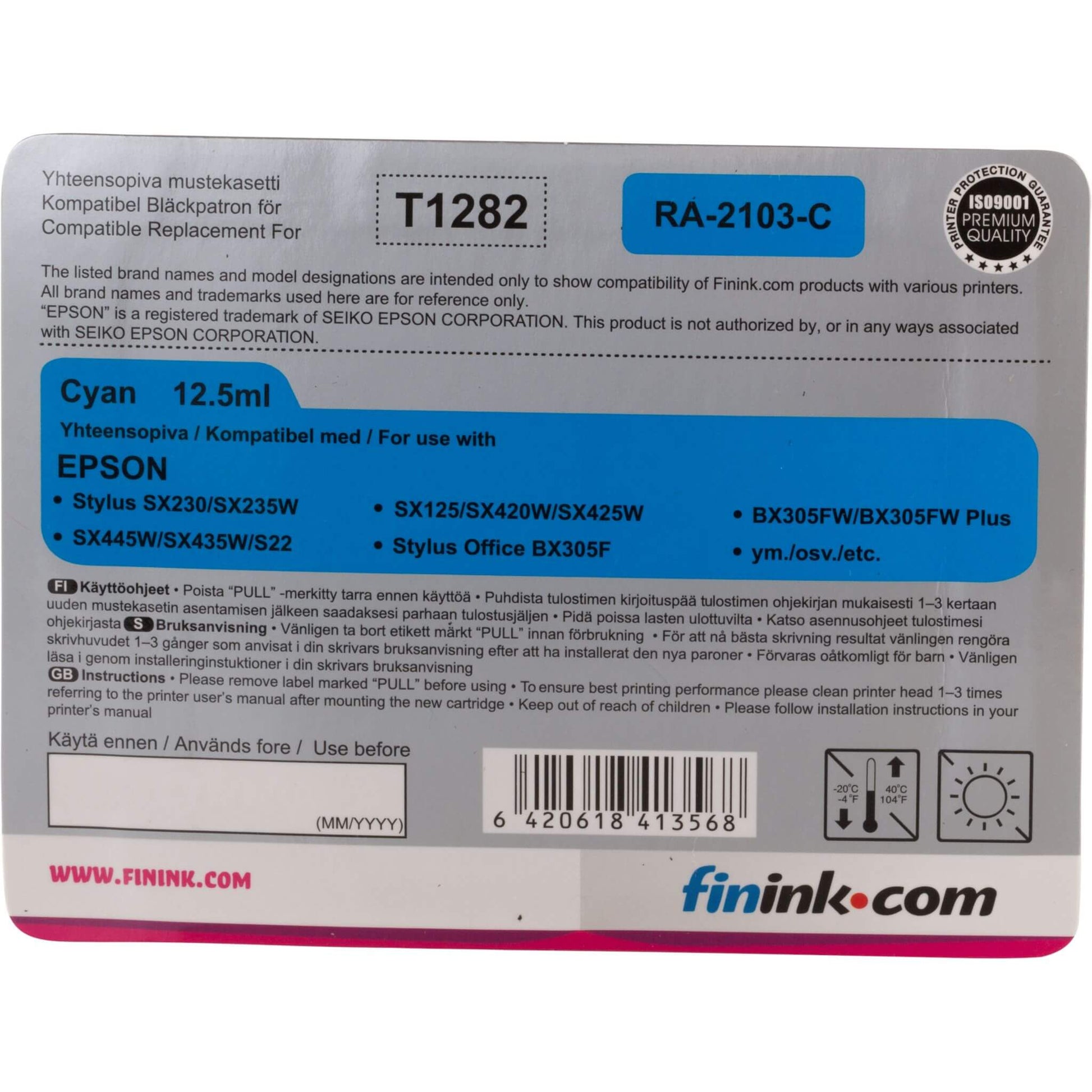 Cyan mustepatruuna, korvaa Epson T1282 | Finink.com
