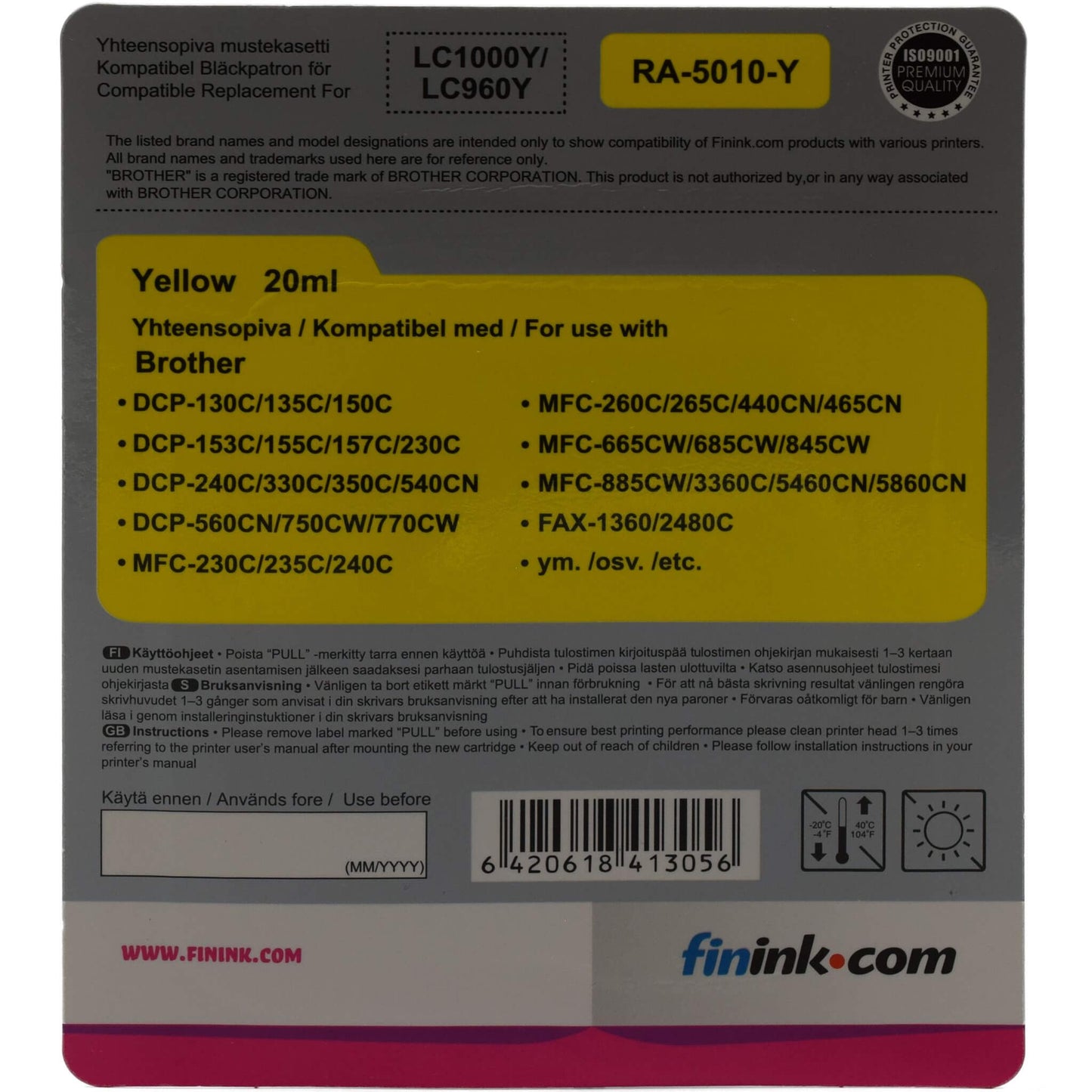 Keltainen mustepatruuna, korvaa Brother LC123Y | Finink.com