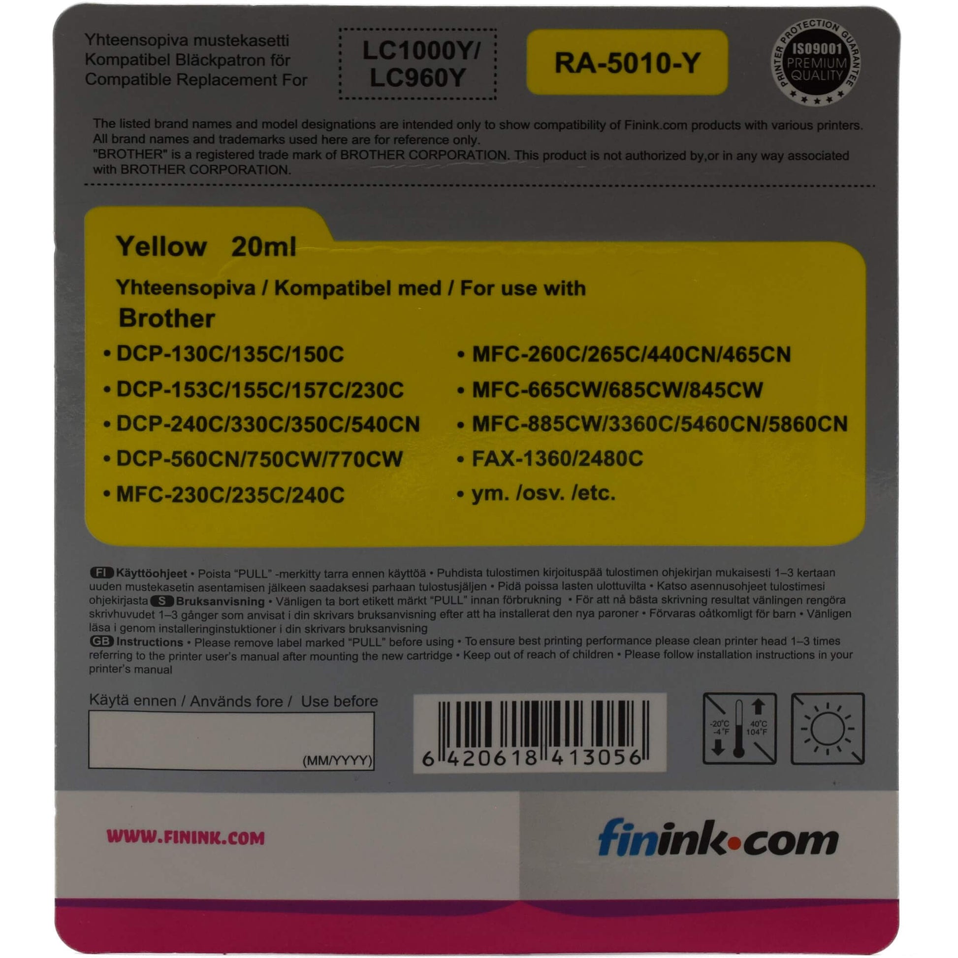 Keltainen mustepatruuna, korvaa Brother LC123Y | Finink.com